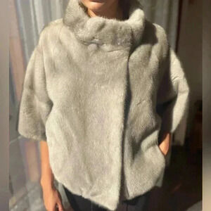 Luxury Real Mink Fur Short Jacket‎ Silver/Gray No Dyes 3/4 Sleeves Size S/M